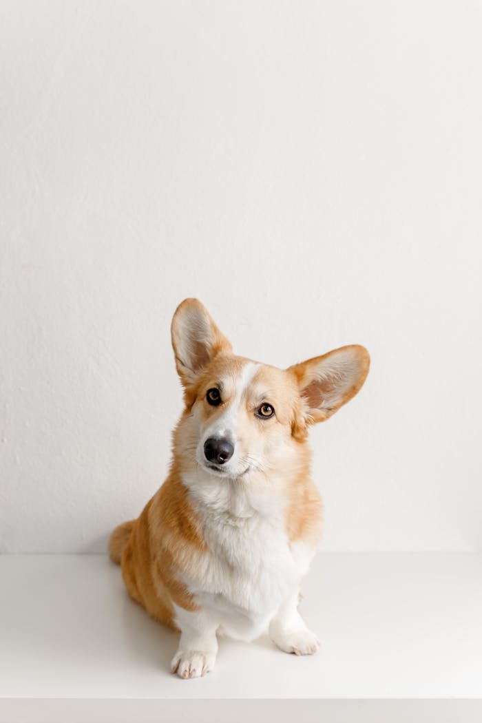 creative-03 Cute Welsh Corgi portrait with a playful expression against a minimal white backdrop.