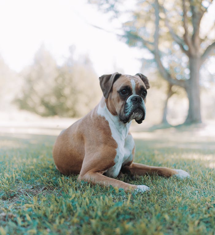Services-02 A serene boxer dog sitting on grass with a blurred outdoor background.